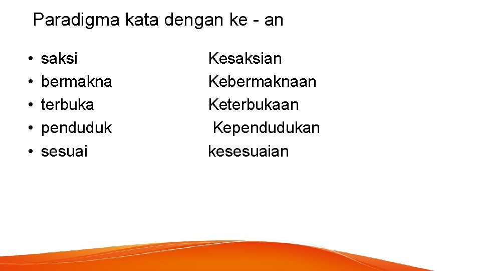 Paradigma kata dengan ke - an • • • saksi bermakna terbuka penduduk sesuai