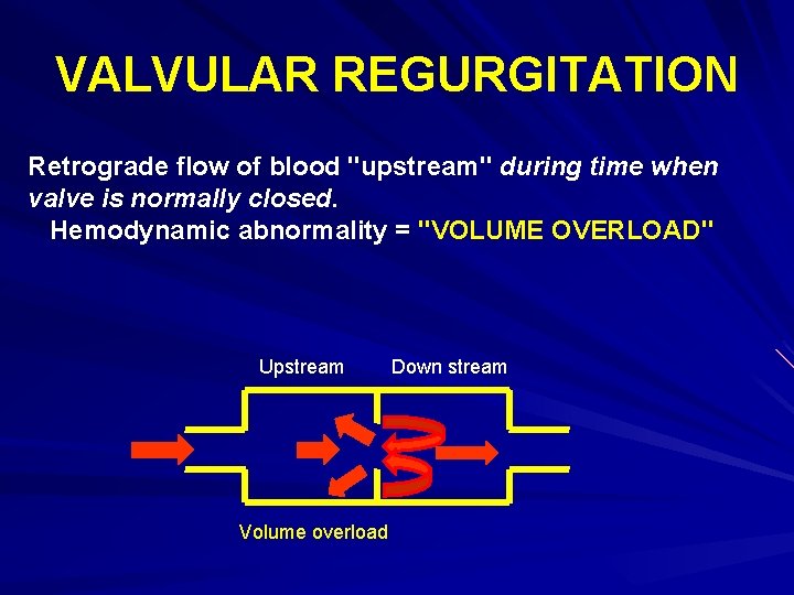 VALVULAR REGURGITATION Retrograde flow of blood "upstream" during time when valve is normally closed.