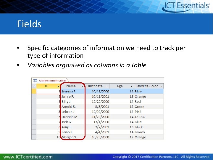 Fields • • Specific categories of information we need to track per type of Fields • • Specific categories of information we need to track per type of