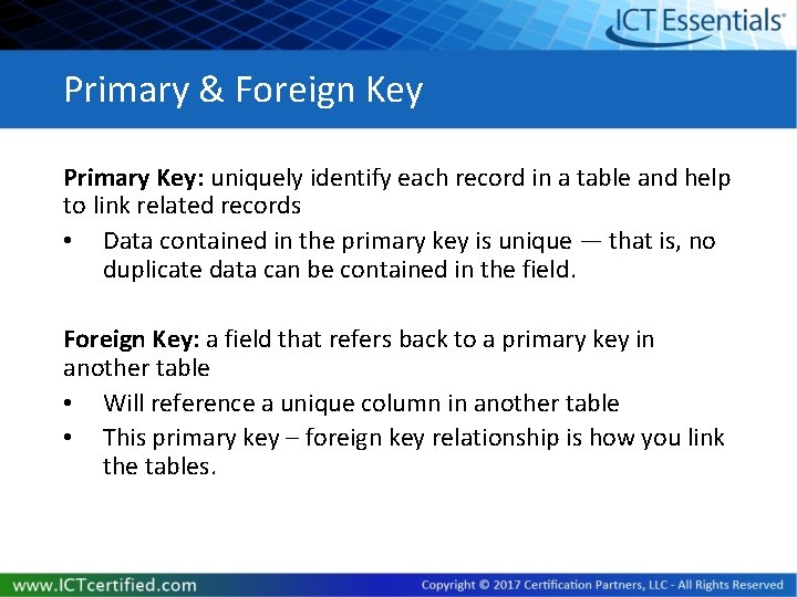 Primary & Foreign Key Primary Key: uniquely identify each record in a table and Primary & Foreign Key Primary Key: uniquely identify each record in a table and