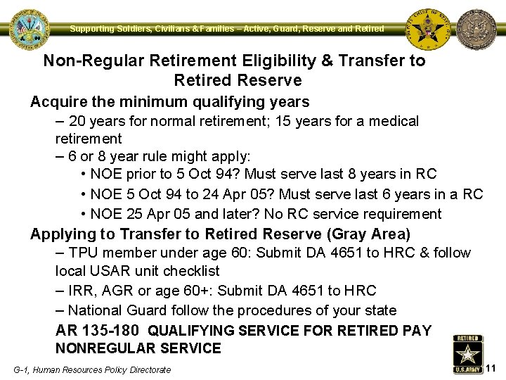 Supporting Soldiers, Civilians & Families – Active, Guard, Reserve and Retired Non-Regular Retirement Eligibility