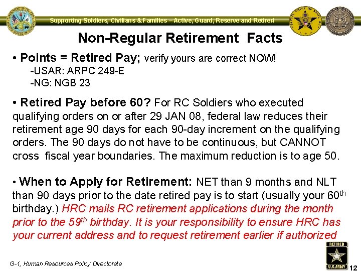 Supporting Soldiers, Civilians & Families – Active, Guard, Reserve and Retired Non-Regular Retirement Facts