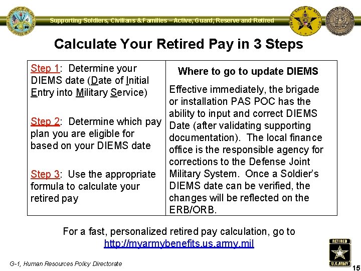 Supporting Soldiers, Civilians & Families – Active, Guard, Reserve and Retired Calculate Your Retired