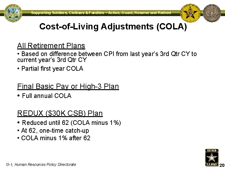 Supporting Soldiers, Civilians & Families – Active, Guard, Reserve and Retired Cost-of-Living Adjustments (COLA)