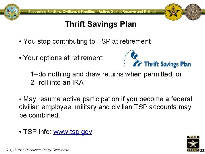 Supporting Soldiers, Civilians & Families – Active, Guard, Reserve and Retired Thrift Savings Plan