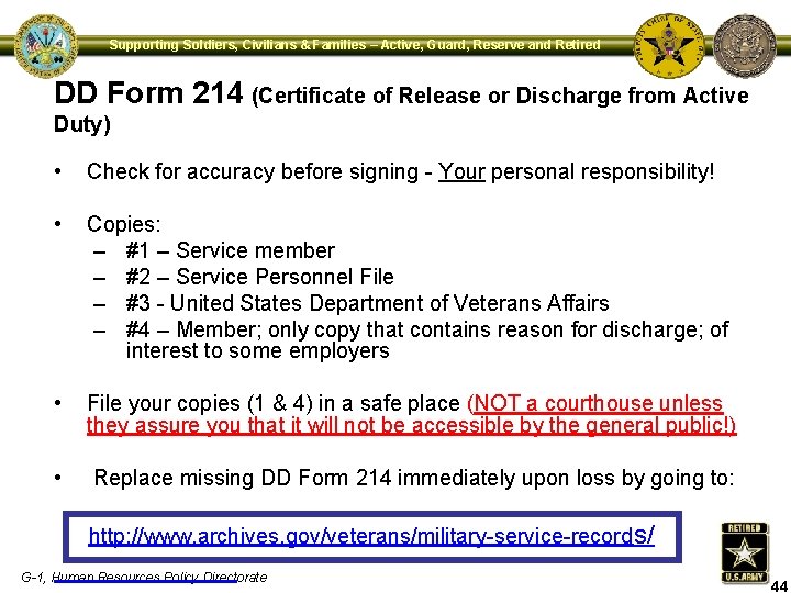 Supporting Soldiers, Civilians & Families – Active, Guard, Reserve and Retired DD Form 214