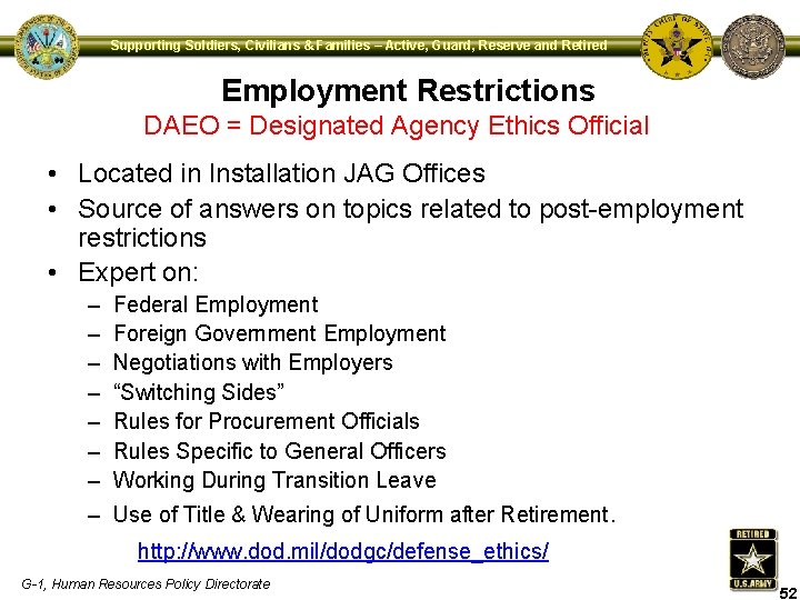 Supporting Soldiers, Civilians & Families – Active, Guard, Reserve and Retired Employment Restrictions DAEO