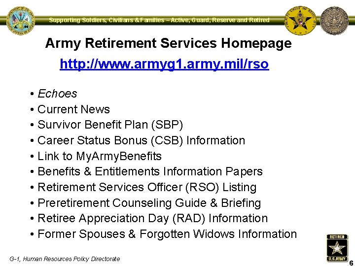 Supporting Soldiers, Civilians & Families – Active, Guard, Reserve and Retired Army Retirement Services