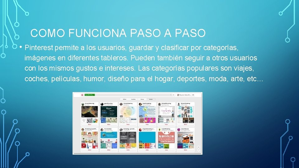 COMO FUNCIONA PASO • Pinterest permite a los usuarios, guardar y clasificar por categorías,