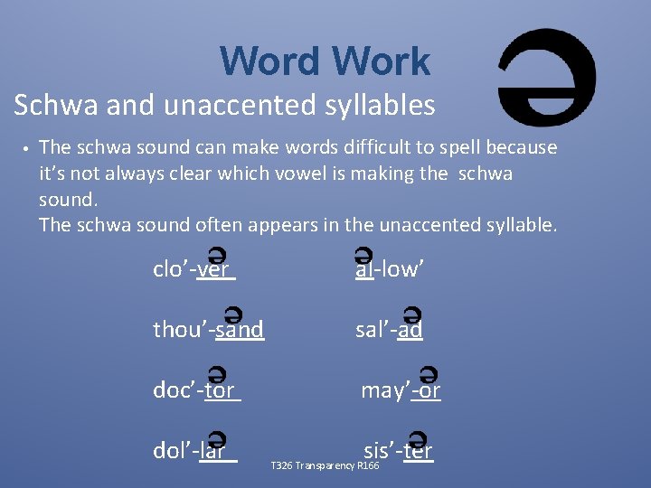 Word Work Schwa and unaccented syllables • The schwa sound can make words difficult