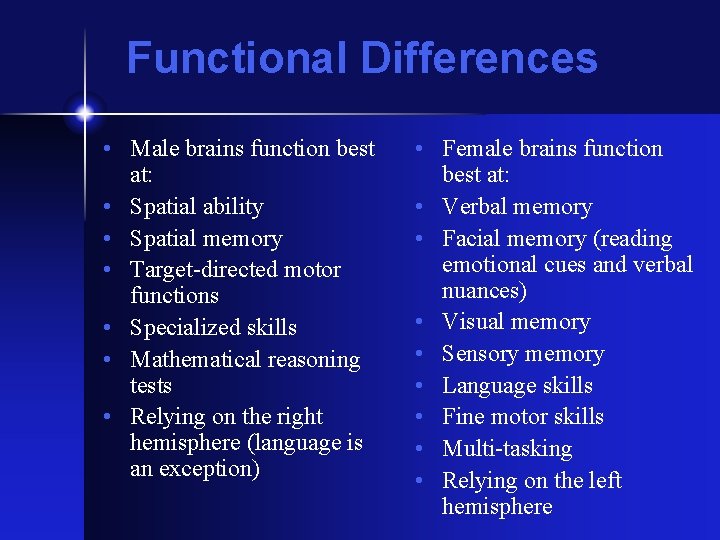 Functional Differences • Male brains function best at: • Spatial ability • Spatial memory