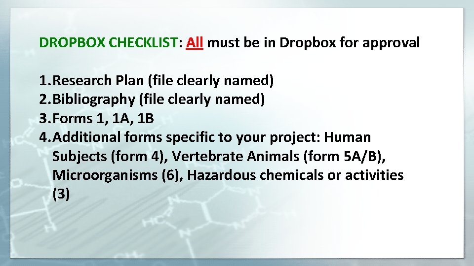 DROPBOX CHECKLIST: All must be in Dropbox for approval 1. Research Plan (file clearly