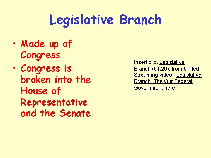 Legislative Branch • Made up of Congress • Congress is broken into the House