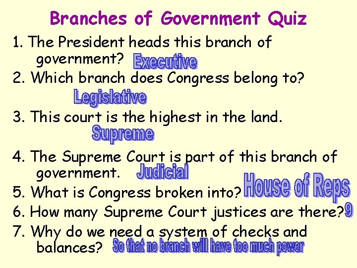 Branches of Government Quiz 1. The President heads this branch of government? 2. Which