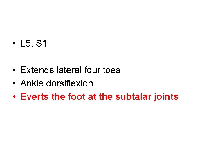  • L 5, S 1 • Extends lateral four toes • Ankle dorsiflexion
