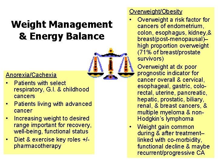 Weight Management & Energy Balance Anorexia/Cachexia • Patients with select respiratory, G. I. &