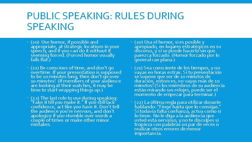 PUBLIC SPEAKING: RULES DURING SPEAKING (20) Use humor, if possible and appropriate, at strategic