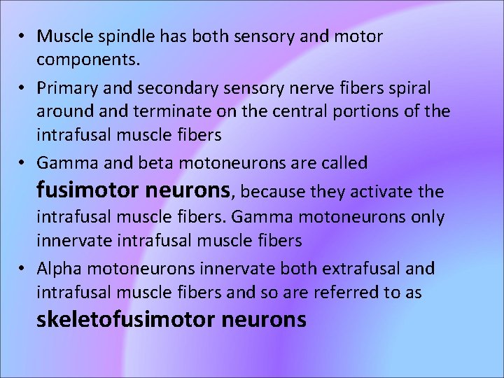  • Muscle spindle has both sensory and motor components. • Primary and secondary