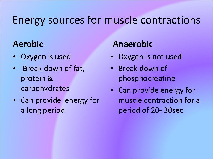 Energy sources for muscle contractions Aerobic Anaerobic • Oxygen is used • Break down