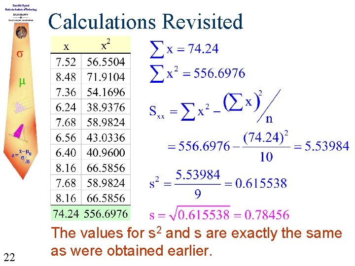 Calculations Revisited 22 The values for s 2 and s are exactly the same