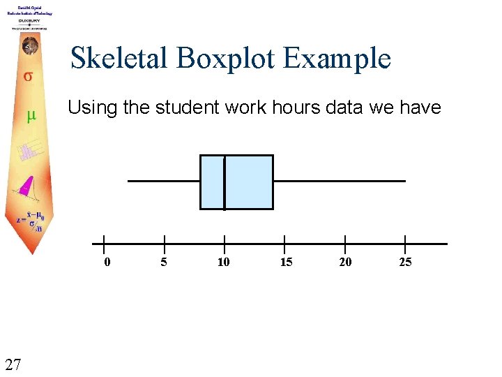 Skeletal Boxplot Example Using the student work hours data we have 0 27 5
