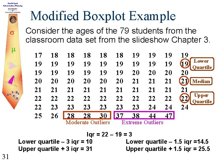 Modified Boxplot Example Consider the ages of the 79 students from the classroom data