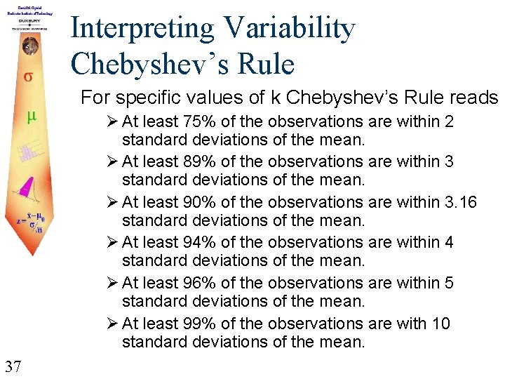 Interpreting Variability Chebyshev’s Rule For specific values of k Chebyshev’s Rule reads Ø At