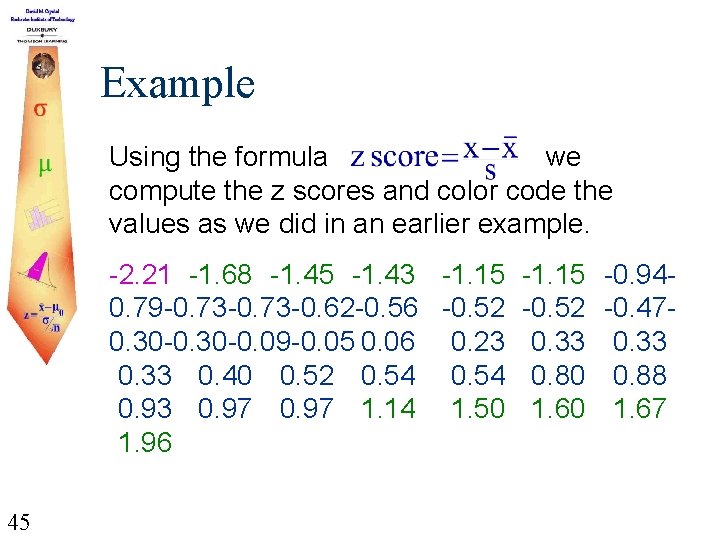 Example Using the formula we compute the z scores and color code the values