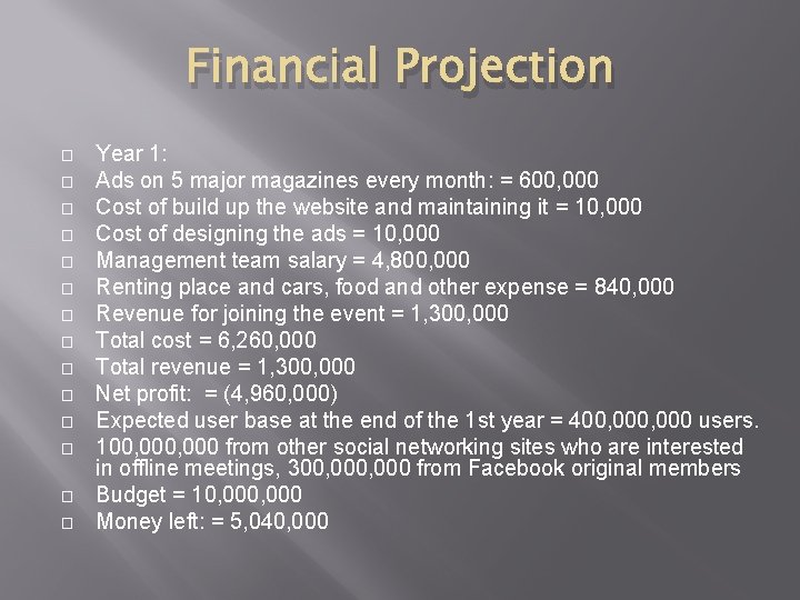 Financial Projection � � � � Year 1: Ads on 5 major magazines every