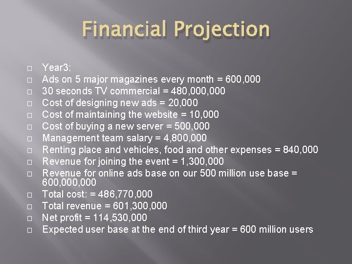 Financial Projection � � � � Year 3: Ads on 5 major magazines every