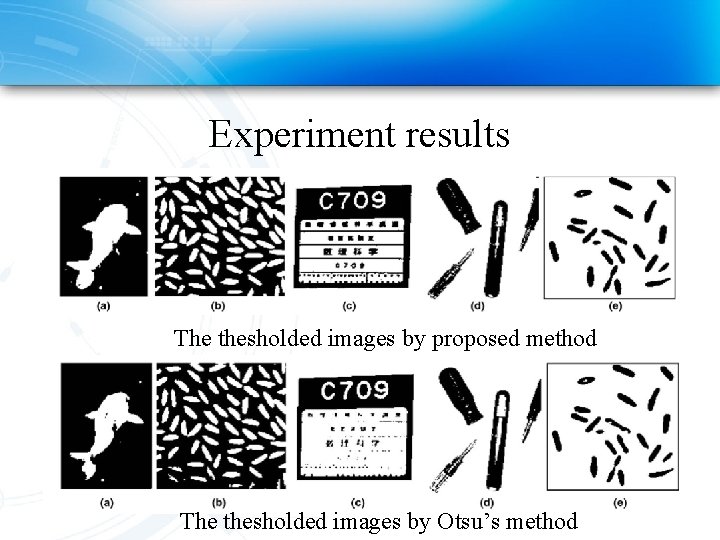 Experiment results The thesholded images by proposed method The thesholded images by Otsu’s method