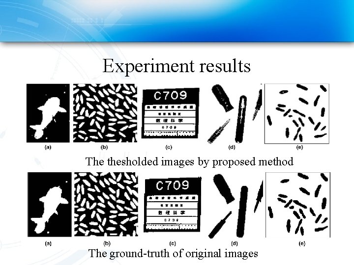 Experiment results The thesholded images by proposed method The ground-truth of original images 