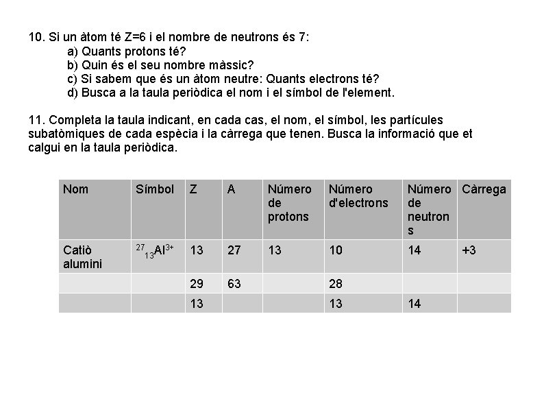 10. Si un àtom té Z=6 i el nombre de neutrons és 7: a)