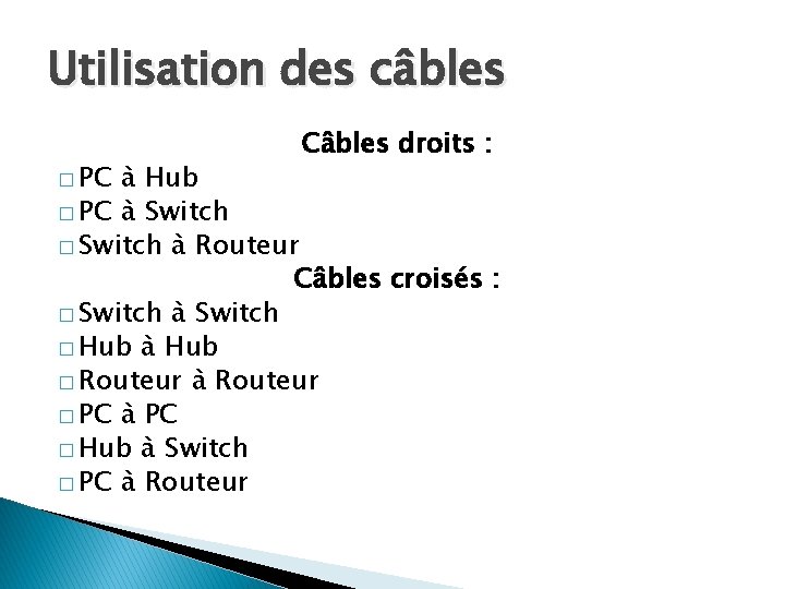 Utilisation des câbles � PC Câbles droits : à Hub � PC à Switch