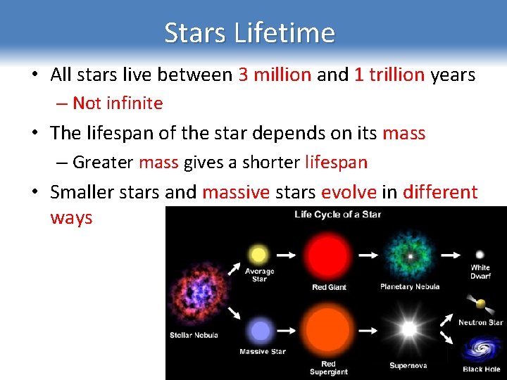 Stars Lifetime • All stars live between 3 million and 1 trillion years –