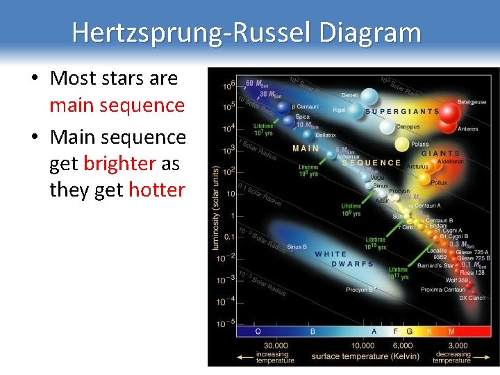 Hertzsprung-Russel Diagram • Most stars are main sequence • Main sequence get brighter as
