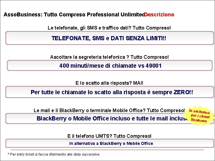 Asso. Business: Tutto Compreso Professional Unlimited. Descrizione Le telefonate, gli SMS e traffico dati?