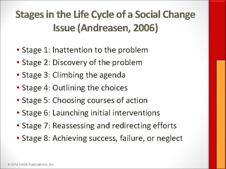 Stages in the Life Cycle of a Social Change Issue (Andreasen, 2006) • Stage