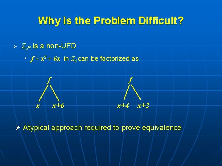 Why is the Problem Difficult? Ø Z 2 m is a non-UFD • f