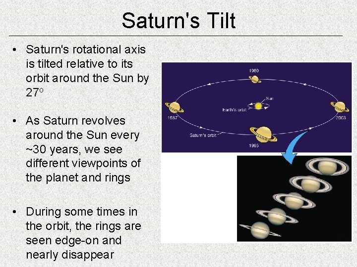 Saturn's Tilt • Saturn's rotational axis is tilted relative to its orbit around the