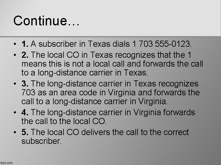 Continue… • 1. A subscriber in Texas dials 1 703 555 -0123. • 2.