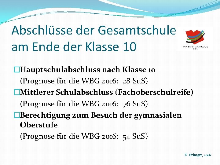 Abschlüsse der Gesamtschule am Ende der Klasse 10 �Hauptschulabschluss nach Klasse 10 (Prognose für