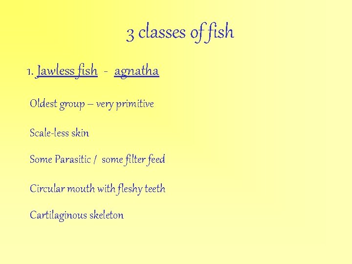 3 classes of fish 1. Jawless fish - agnatha Oldest group – very primitive