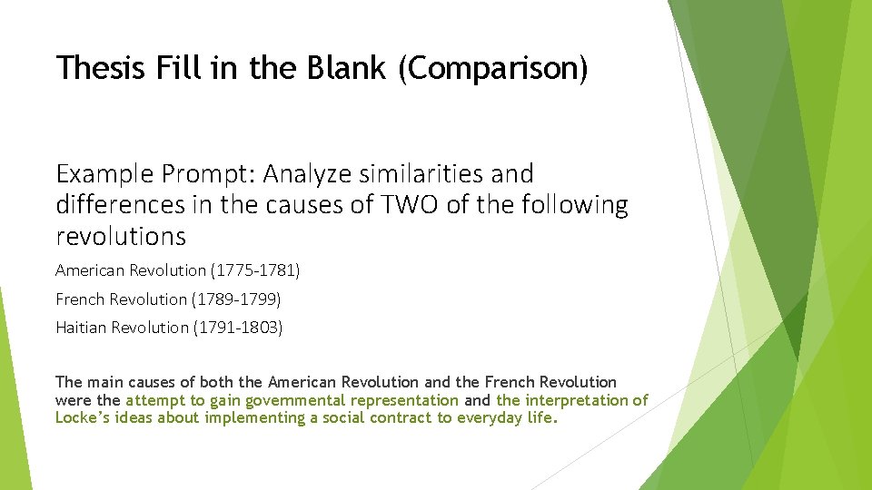 Thesis Fill in the Blank (Comparison) Example Prompt: Analyze similarities and differences in the