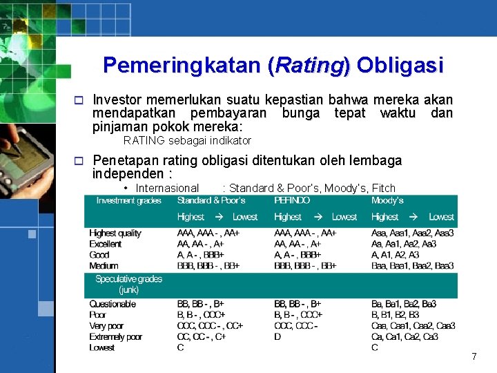 Pemeringkatan (Rating) Obligasi o Investor memerlukan suatu kepastian bahwa mereka akan mendapatkan pembayaran bunga