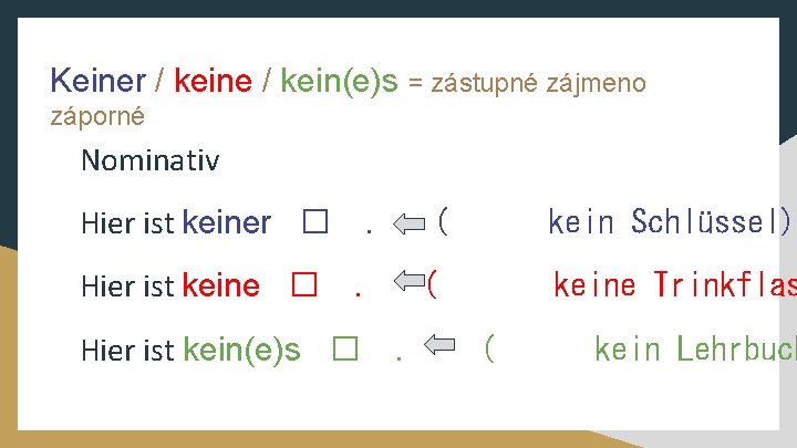 Keiner / keine / kein(e)s = zástupné zájmeno záporné Nominativ Hier ist keiner �.