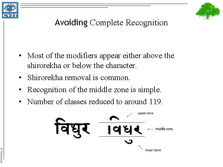 Avoiding Complete Recognition • Most of the modifiers appear either above the shirorekha or