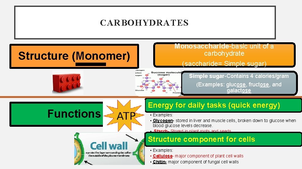 CARBOHYDRATES Structure (Monomer) Monosaccharide-basic unit of a carbohydrate (saccharide= Simple sugar) Simple sugar-Contains 4