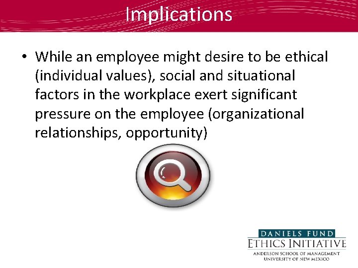 Implications • While an employee might desire to be ethical (individual values), social and