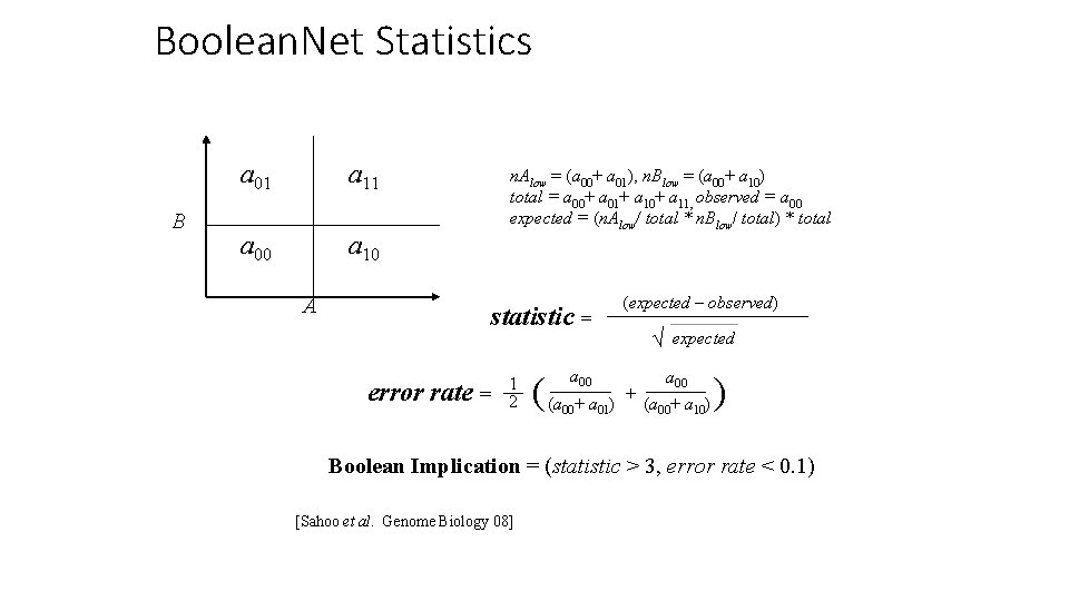 Boolean. Net Statistics B a 01 a 11 a 00 a 10 A n.